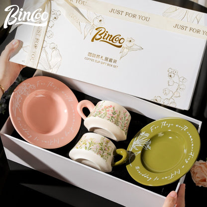 BINCOO Coffee Cup and Saucer Set Ceramic Mug Retro Light Luxury Gift Box for Holidays and Birthdays Best Gift 300ML