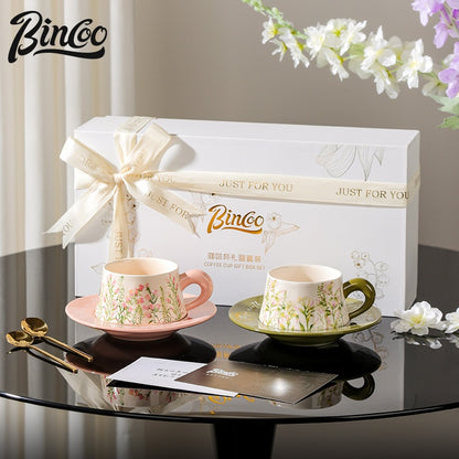 BINCOO Coffee Cup and Saucer Set Ceramic Mug Retro Light Luxury Gift Box for Holidays and Birthdays Best Gift 300ML