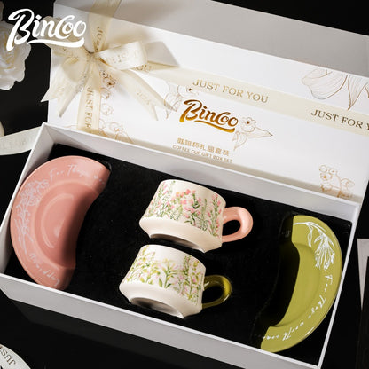BINCOO Coffee Cup and Saucer Set Ceramic Mug Retro Light Luxury Gift Box for Holidays and Birthdays Best Gift 300ML