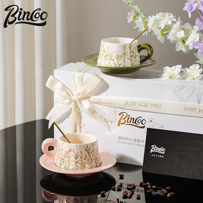 BINCOO Coffee Cup and Saucer Set Ceramic Mug Retro Light Luxury Gift Box for Holidays and Birthdays Best Gift 300ML