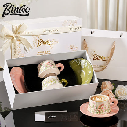 BINCOO Coffee Cup and Saucer Set Ceramic Mug Retro Light Luxury Gift Box for Holidays and Birthdays Best Gift 300ML