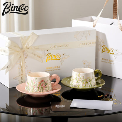 BINCOO Coffee Cup and Saucer Set Ceramic Mug Retro Light Luxury Gift Box for Holidays and Birthdays Best Gift 300ML