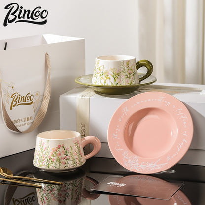 BINCOO Coffee Cup and Saucer Set Ceramic Mug Retro Light Luxury Gift Box for Holidays and Birthdays Best Gift 300ML