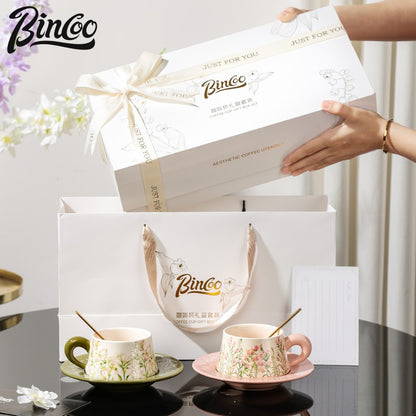 BINCOO Coffee Cup and Saucer Set Ceramic Mug Retro Light Luxury Gift Box for Holidays and Birthdays Best Gift 300ML