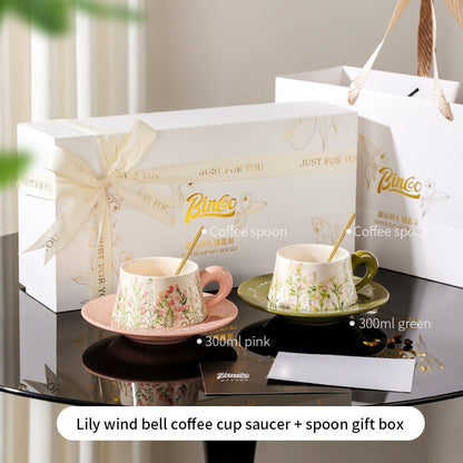 BINCOO Coffee Cup and Saucer Set Ceramic Mug Retro Light Luxury Gift Box for Holidays and Birthdays Best Gift 300ML