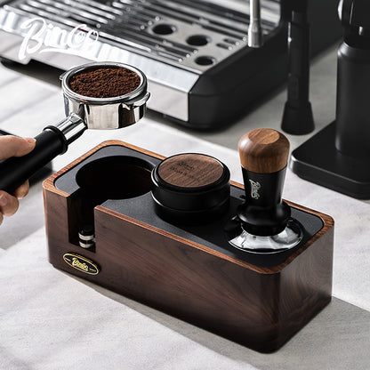 BINCOO Coffee Machine Handle Filling Bracket Walnut Tamping Powder Storage Base Powder Distributor and Tamper Set Coffee Utensils 51MM/58MM