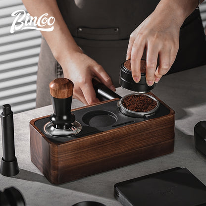 BINCOO Coffee Machine Handle Filling Bracket Walnut Tamping Powder Storage Base Powder Distributor and Tamper Set Coffee Utensils 51MM/58MM