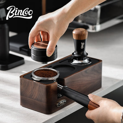 BINCOO Coffee Machine Handle Filling Bracket Walnut Tamping Powder Storage Base Powder Distributor and Tamper Set Coffee Utensils 51MM/58MM