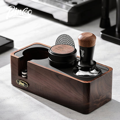 BINCOO Coffee Machine Handle Filling Bracket Walnut Tamping Powder Storage Base Powder Distributor and Tamper Set Coffee Utensils 51MM/58MM