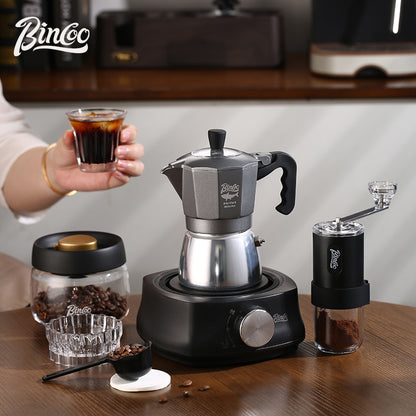 BINCOO Double-valve Moka Pot with Electric Stove Coffee Pot Household Small Manual Grinder Italian Coffee Set for Office Outdoor 2Cups