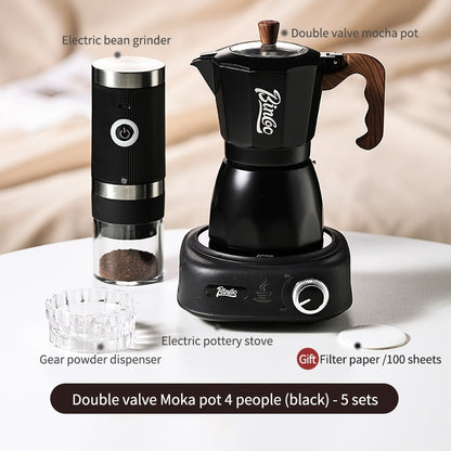 BINCOO Double Valve Moka Pot Household Italian Electric Ceramic Stove Coffee Pot Portable Small Coffee Machine Set 2Cups 4Cups
