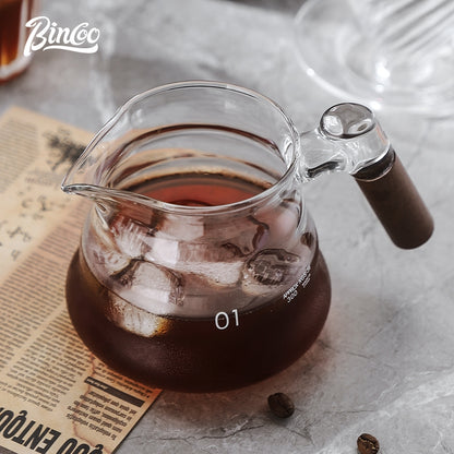BINCOO Coffee Hand Brewing Pot Set Glass Sharing Pot with Wooden Handle Coffee Tasting Cup 450ML/600ML