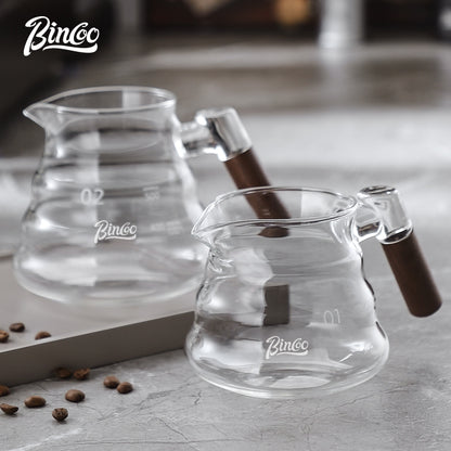 BINCOO Coffee Hand Brewing Pot Set Glass Sharing Pot with Wooden Handle Coffee Tasting Cup 450ML/600ML