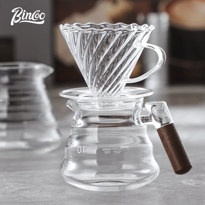 BINCOO Coffee Hand Brewing Pot Set Glass Sharing Pot with Wooden Handle Coffee Tasting Cup 450ML/600ML