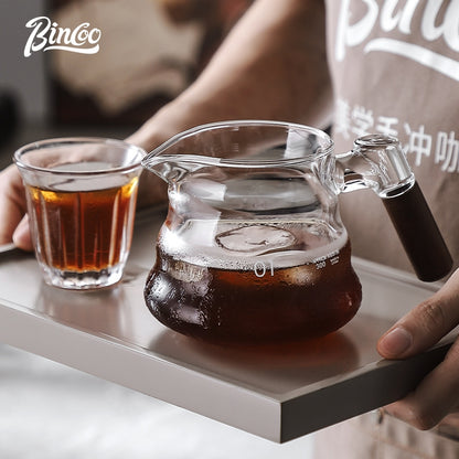 BINCOO Coffee Hand Brewing Pot Set Glass Sharing Pot with Wooden Handle Coffee Tasting Cup 450ML/600ML