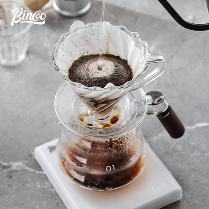 BINCOO Coffee Hand Brewing Pot Set Glass Sharing Pot with Wooden Handle Coffee Tasting Cup 450ML/600ML
