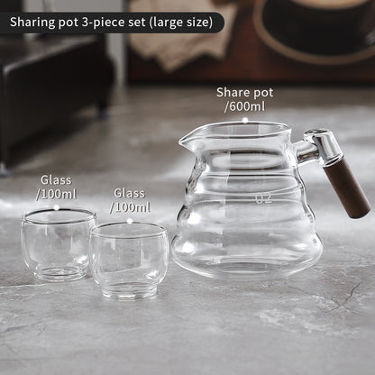BINCOO Coffee Hand Brewing Pot Set Glass Sharing Pot with Wooden Handle Coffee Tasting Cup 450ML/600ML
