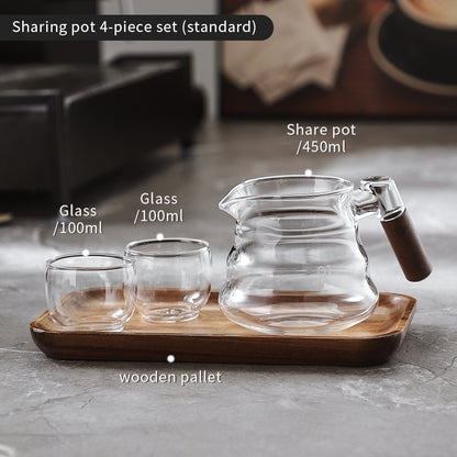 BINCOO Coffee Hand Brewing Pot Set Glass Sharing Pot with Wooden Handle Coffee Tasting Cup 450ML/600ML
