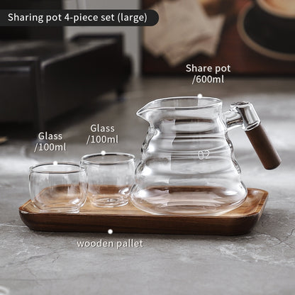 BINCOO Coffee Hand Brewing Pot Set Glass Sharing Pot with Wooden Handle Coffee Tasting Cup 450ML/600ML