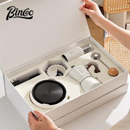 BINCOO Double-valve Moka Pot Gift Box Household Coffee Pot with Electric Ceramic Stove Coffee Manual Grinder for Birthdays and Holidays Best Gift  2Cups