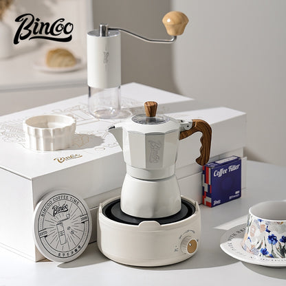 BINCOO Double-valve Moka Pot Gift Box Household Coffee Pot with Electric Ceramic Stove Coffee Manual Grinder for Birthdays and Holidays Best Gift  2Cups