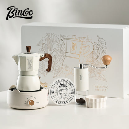 BINCOO Double-valve Moka Pot Gift Box Household Coffee Pot with Electric Ceramic Stove Coffee Manual Grinder for Birthdays and Holidays Best Gift  2Cups