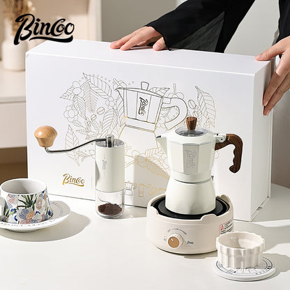BINCOO Double-valve Moka Pot Gift Box Household Coffee Pot with Electric Ceramic Stove Coffee Manual Grinder for Birthdays and Holidays Best Gift  2Cups