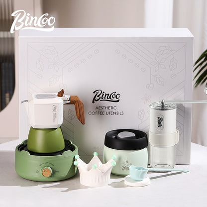 BINCOO Double Valve Moka Pot Gift Set Coffee Pot Manual Grinder Set for Holiday Birthday Best Gift 2Cups