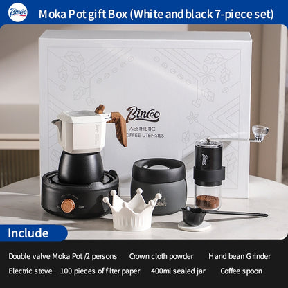 BINCOO Double Valve Moka Pot Gift Set Coffee Pot Manual Grinder Set for Holiday Birthday Best Gift 2Cups
