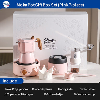 BINCOO Double Valve Moka Pot Gift Set Coffee Pot Manual Grinder Set for Holiday Birthday Best Gift 2Cups