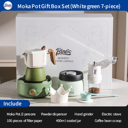 BINCOO Double Valve Moka Pot Gift Set Coffee Pot Manual Grinder Set for Holiday Birthday Best Gift 2Cups