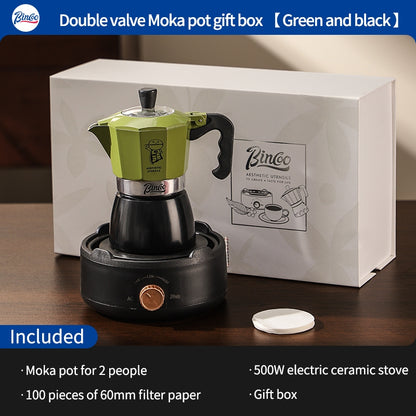 BINCOO Double Valve Moka Pot Gift Set Coffee Pot Manual Grinder Set for Holiday Birthday Best Gift 2Cups