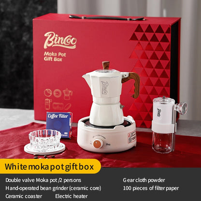 BINCOO Double Valve Moka Pot Gift Set Coffee Pot Manual Grinder Set for Holiday Birthday Best Gift 2Cups