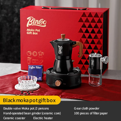 BINCOO Double Valve Moka Pot Gift Set Coffee Pot Manual Grinder Set for Holiday Birthday Best Gift 2Cups