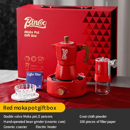 BINCOO Double Valve Moka Pot Gift Set Coffee Pot Manual Grinder Set for Holiday Birthday Best Gift 2Cups