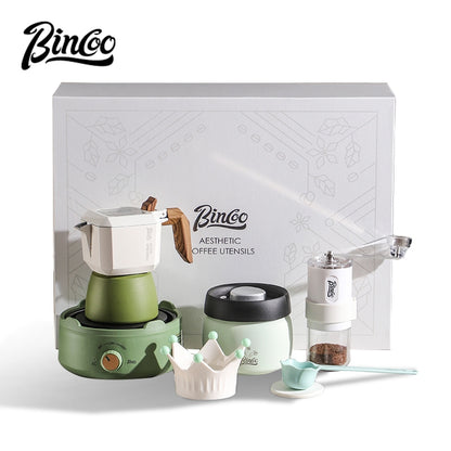 BINCOO Double Valve Moka Pot Gift Set Coffee Pot Manual Grinder Set for Holiday Birthday Best Gift 2Cups