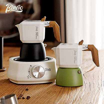 BINCOO Double Valve Moka Pot Set Coffee Pot Italian Home Espresso Coffee Machine Manual Grinder Set with Electric Stove Coffee Utensils 2Cups