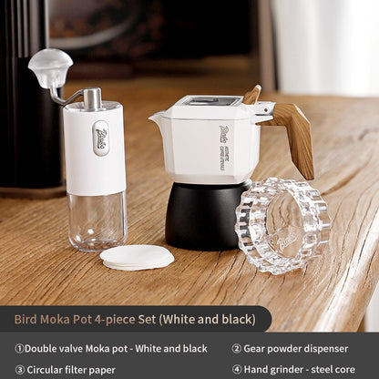 BINCOO Double Valve Moka Pot Set Coffee Pot Italian Home Espresso Coffee Machine Manual Grinder Set with Electric Stove Coffee Utensils 2Cups