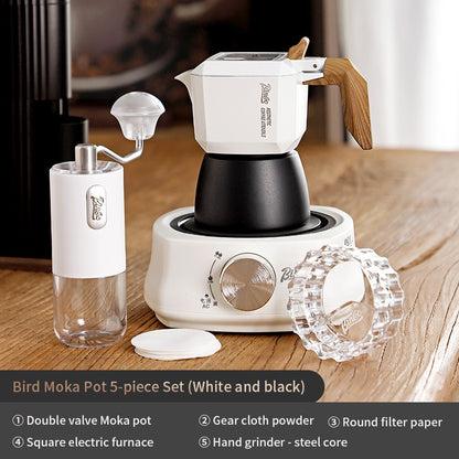 BINCOO Double Valve Moka Pot Set Coffee Pot Italian Home Espresso Coffee Machine Manual Grinder Set with Electric Stove Coffee Utensils 2Cups