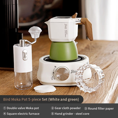 BINCOO Double Valve Moka Pot Set Coffee Pot Italian Home Espresso Coffee Machine Manual Grinder Set with Electric Stove Coffee Utensils 2Cups