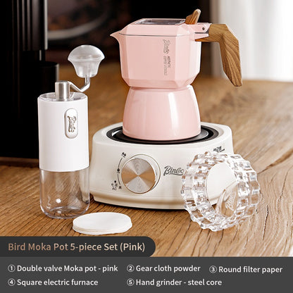 BINCOO Double Valve Moka Pot Set Coffee Pot Italian Home Espresso Coffee Machine Manual Grinder Set with Electric Stove Coffee Utensils 2Cups