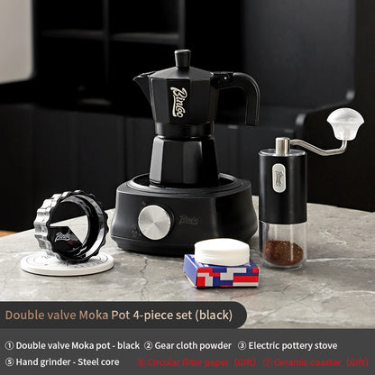 BINCOO Double Valve Moka Pot Extractor Espresso Coffee Pot Home and Outdoor Small Brewing Coffee Set 2Cups