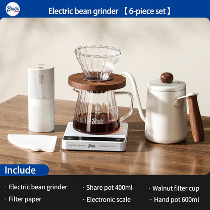 BINCOO Electric Coffee Grinder Home Hand Brewing Pot Set Small Coffee Bean Grinder Set Portable Steel Core