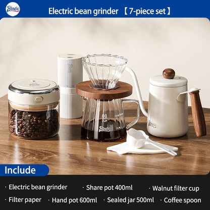 BINCOO Electric Coffee Grinder Home Hand Brewing Pot Set Small Coffee Bean Grinder Set Portable Steel Core