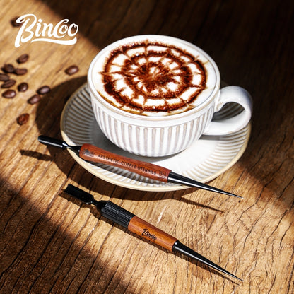BINCOO Coffee Pulling Needle Stainless Steel Wooden Handle Carving Needle Fancy Coffee Utensils Espresso Accessories