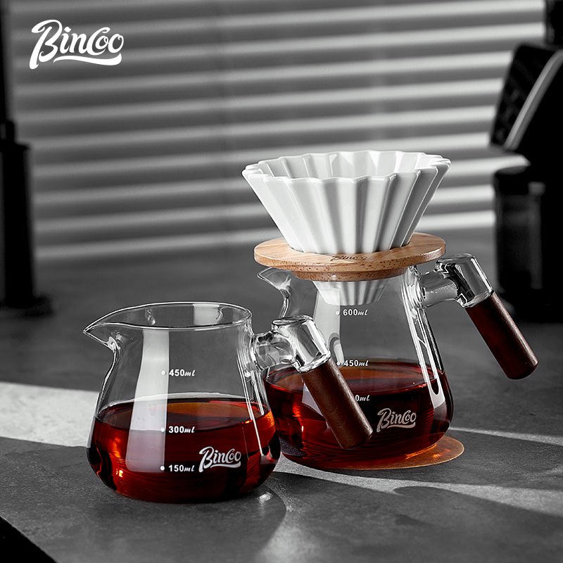 BINCOO Wooden Handle Sharing Pot Hand Brewing Coffee Pot Set Ceramic Filter Cup Household Drip Brewing Pot Coffee Utensils 450ML/600ML