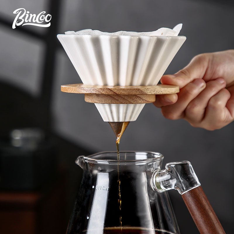 BINCOO Wooden Handle Sharing Pot Hand Brewing Coffee Pot Set Ceramic Filter Cup Household Drip Brewing Pot Coffee Utensils 450ML/600ML