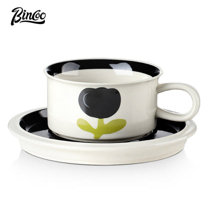 BINCOO Retro Creative Coffee Cup and Saucer Set Coffee Ceramic Mug Afternoon Tea Cup with Spoon for Household Office 260ML