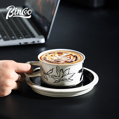 BINCOO Retro Creative Coffee Cup and Saucer Set Coffee Ceramic Mug Afternoon Tea Cup with Spoon for Household Office 260ML