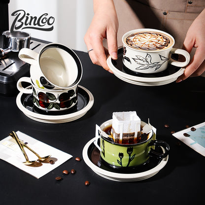 BINCOO Retro Creative Coffee Cup and Saucer Set Coffee Ceramic Mug Afternoon Tea Cup with Spoon for Household Office 260ML